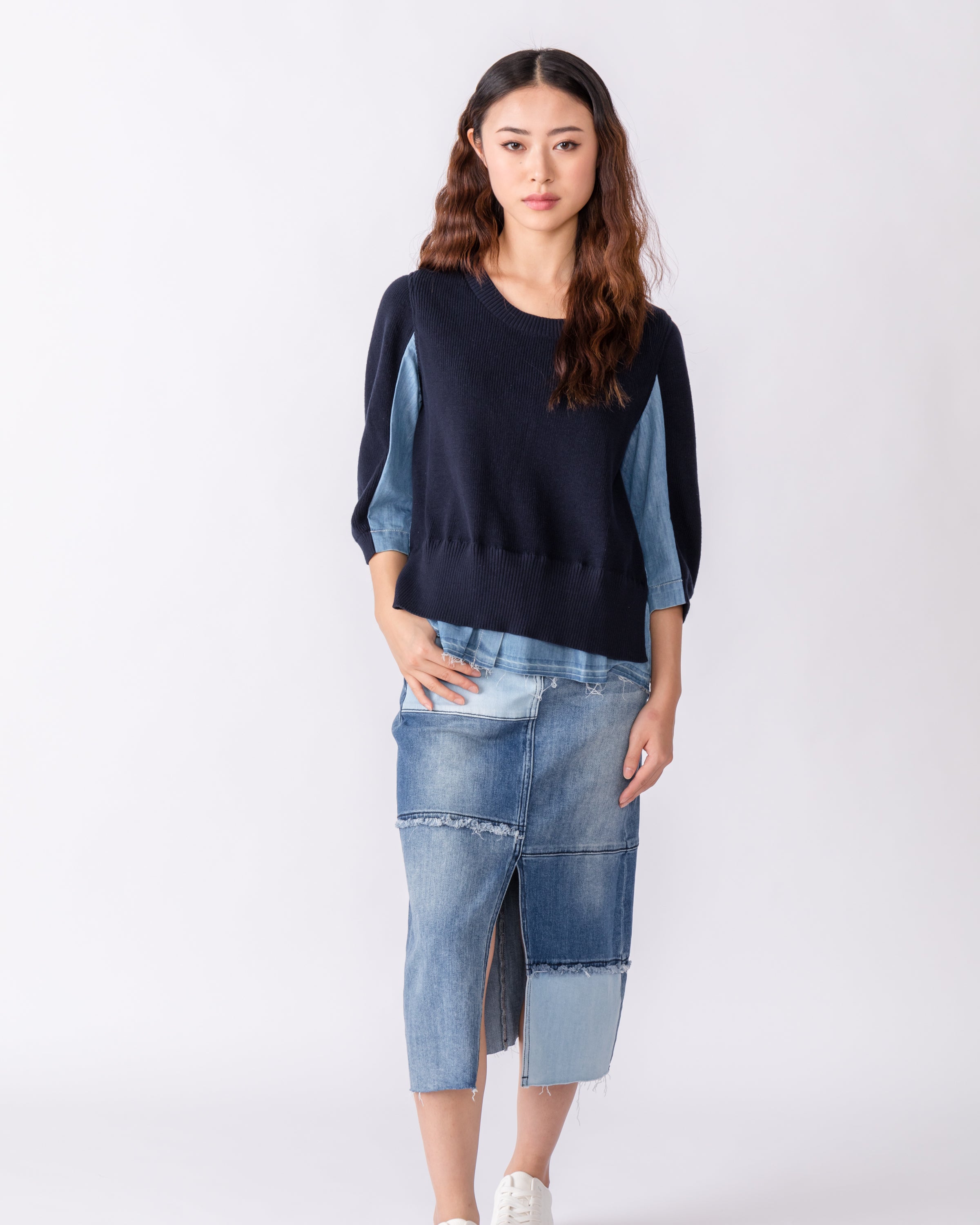 TOUGH JEANSMITH knitted and denim fake two-piece top