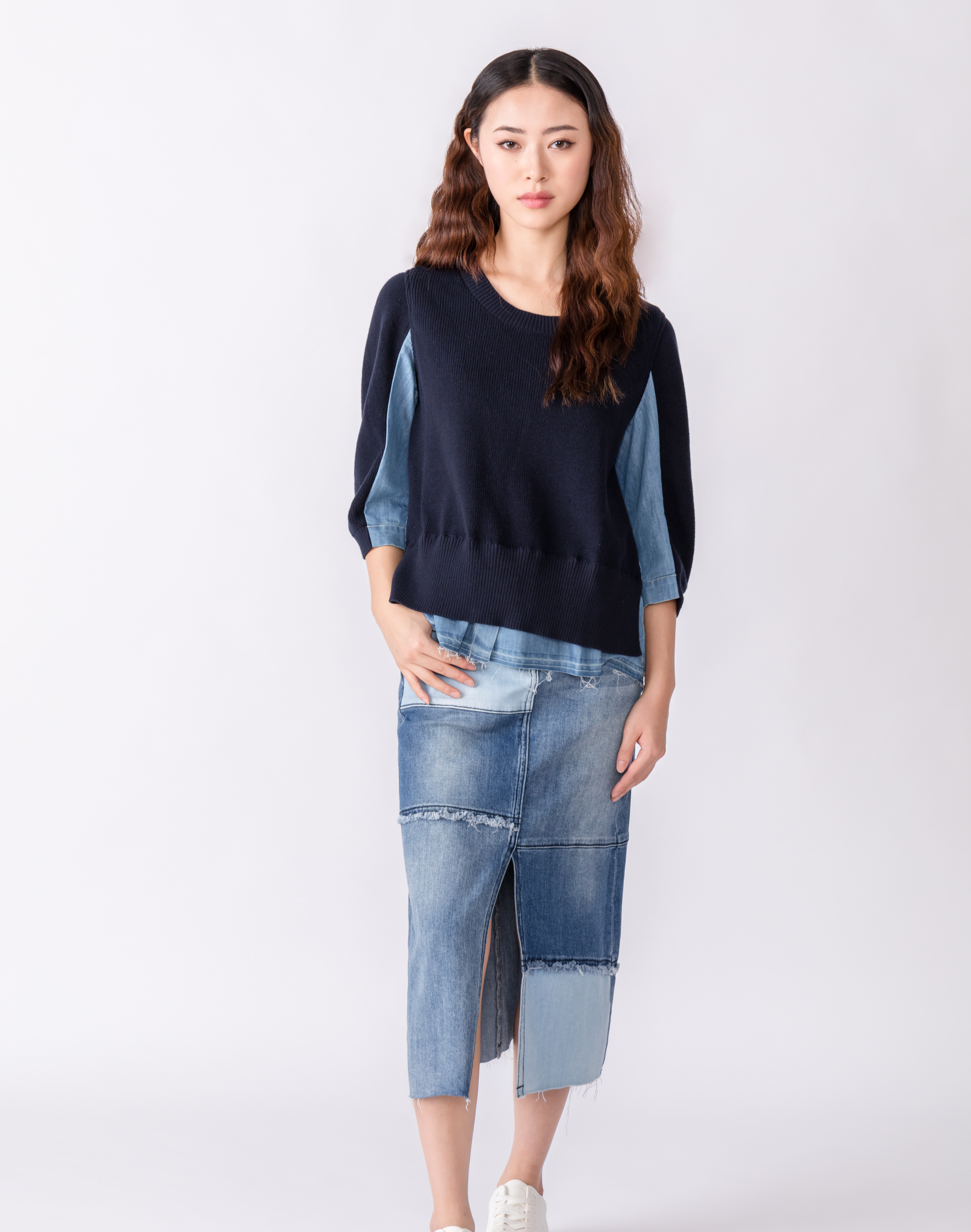 TOUGH JEANSMITH knitted and denim fake two-piece top