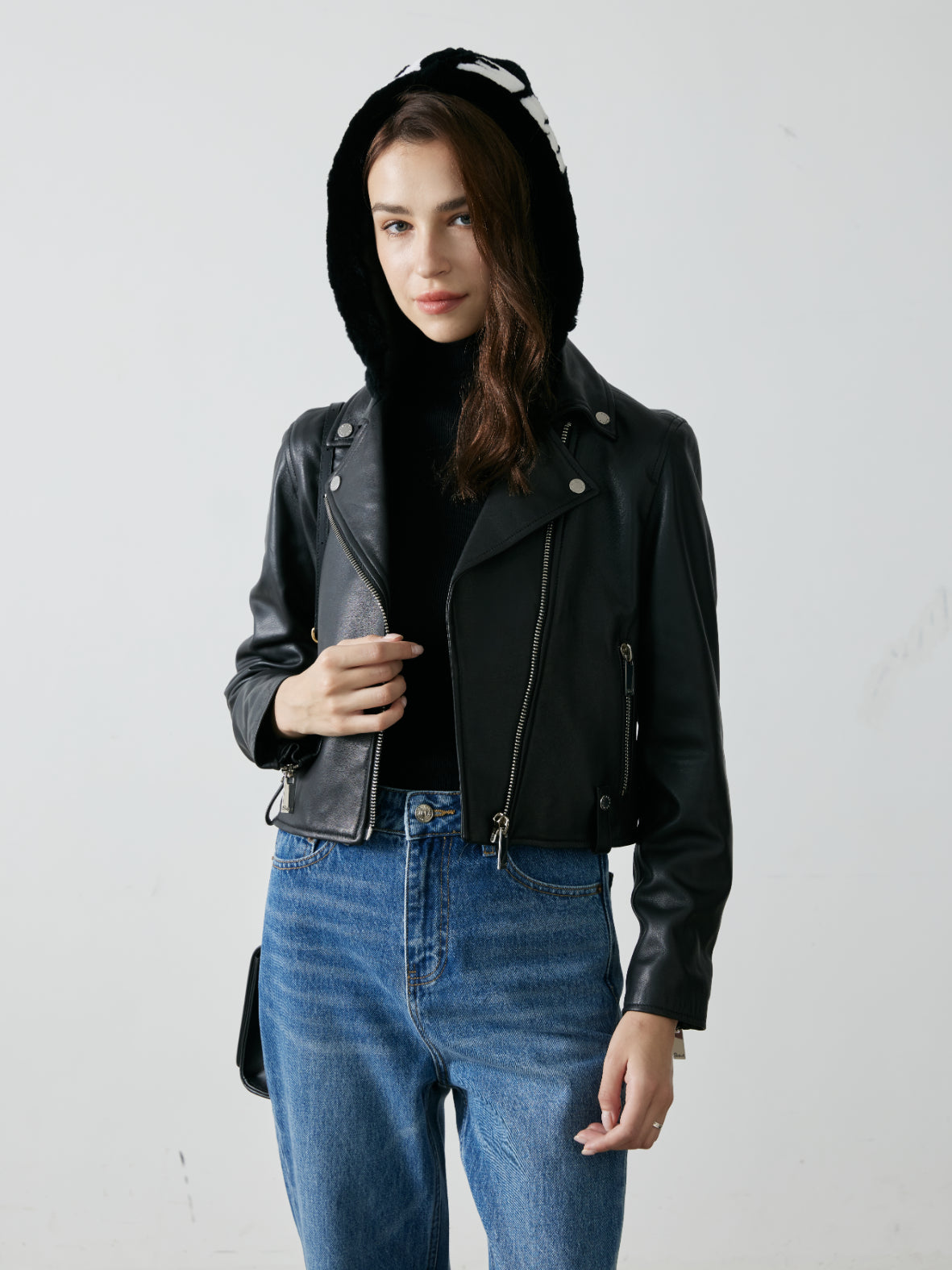 Salad Short Biker Collar Leather Jacket with Hood