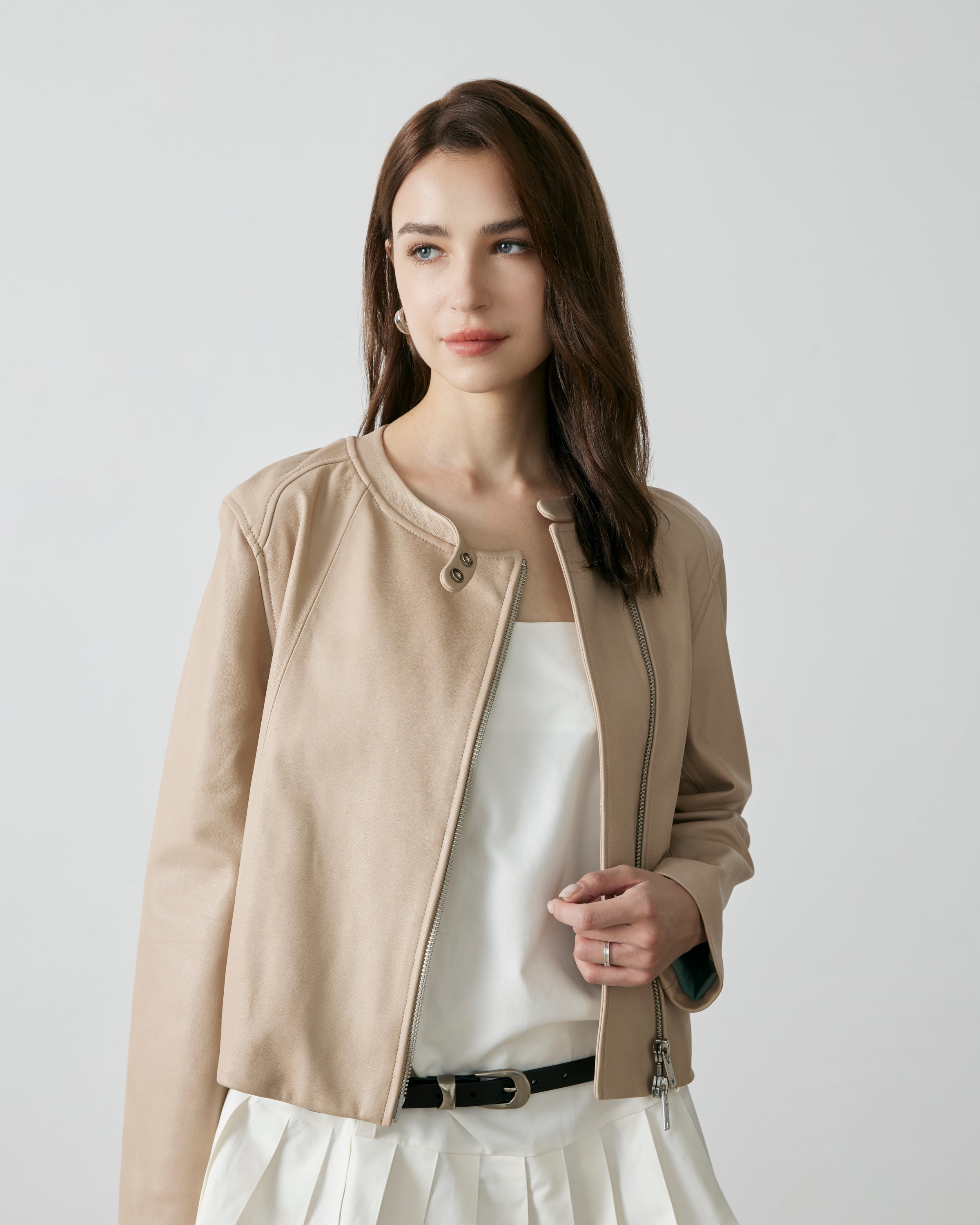 Round neck leather jacket on sale womens