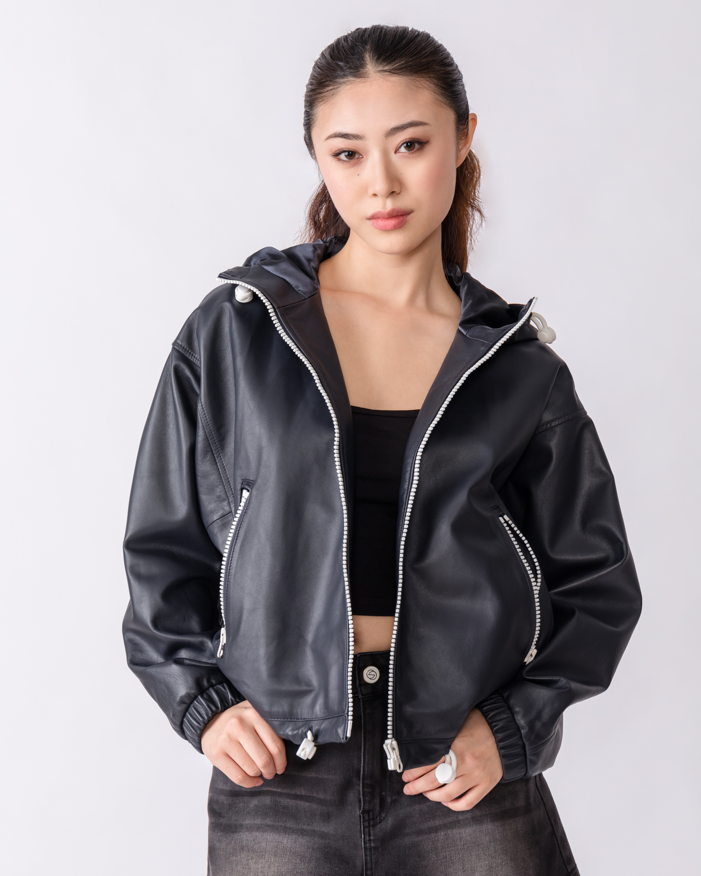 AN-NATASHA Loose hooded zipper bag leather jacket