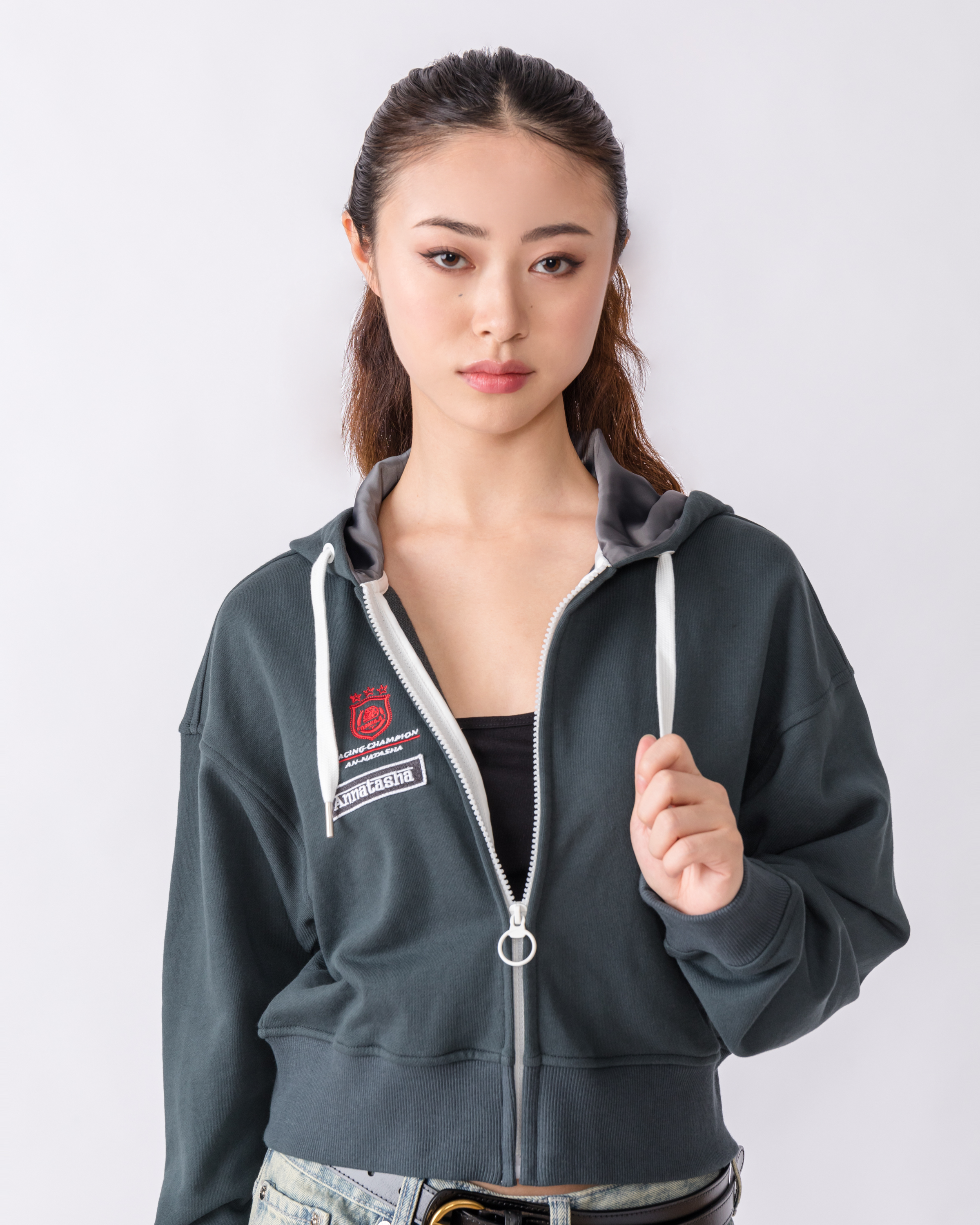 AN-NATASHA drop shoulder hooded embroidered zipper jacket